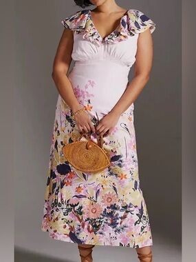 Anthropologie V-Neck Ruffle Maxi Dress, Size 2X, NWT.